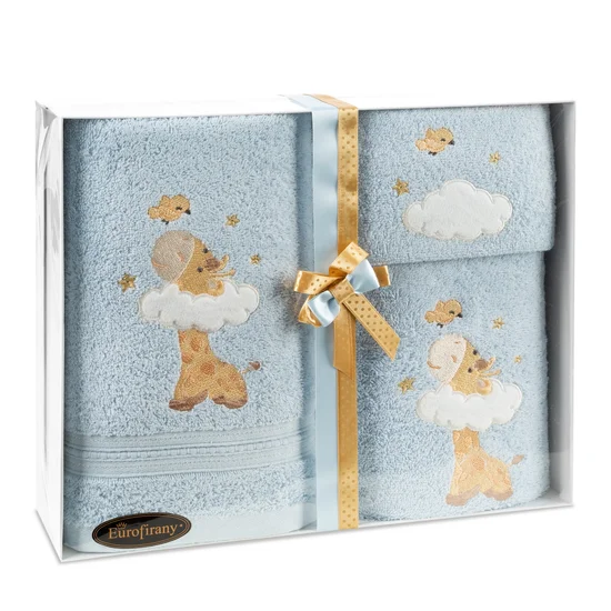 Zestaw prezentowy - komplet 3 szt ręczników dla dziecka z motywem żyrafy - 35 x 30 x 5 cm - błękitny