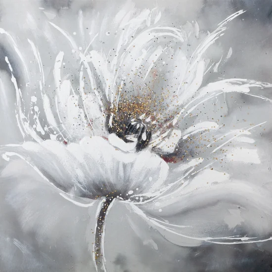 Obraz BLOOM 1 ręcznie malowany na płótnie kwiat z elementami złotego brokatu - 80 x 80 cm - biały