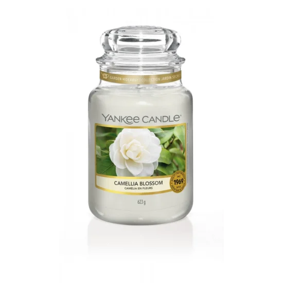 YANKEE CANDLE - Duża świeca zapachowa w słoiku - Camellia Blossom - ∅ 11 x 17 cm - biały