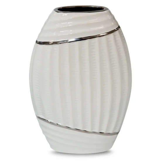 Wazon ceramiczny o nowoczesnym kształcie biało-srebrny - 21 x 9 x 32 cm - biały