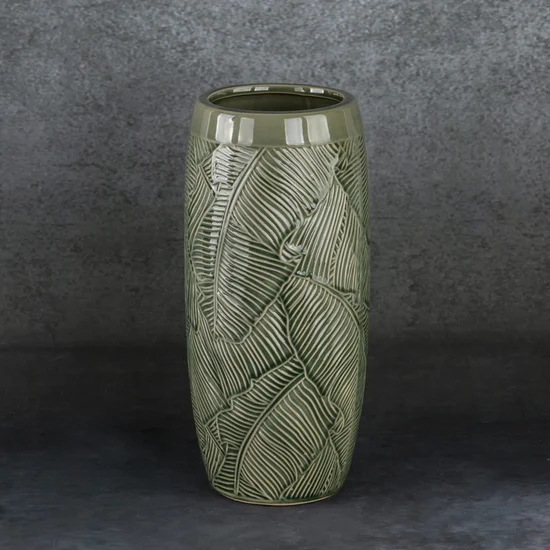 Wazon  ceramiczny DARA z wytłaczanym wzorem liści - ∅ 14 x 30 cm - turkusowy