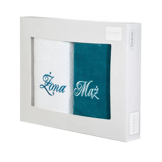 EUROFIRANY CLASSIC Zestaw upominkowy 2 szt ręczników  z haftem ŻONA i MĄŻ w kartonowym opakowaniu na prezent - 46 x 36 x 7 cm - biały