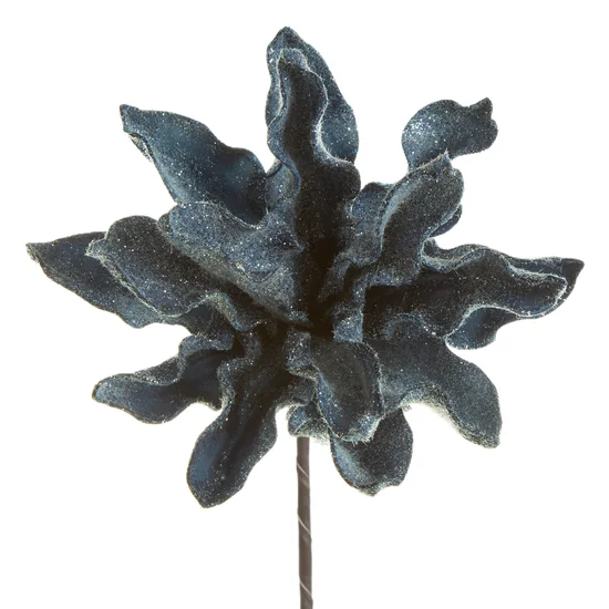 Sztuczny kwiat dekoracyjny z pianki foamiran oprószony brokatem i drobnym puszkiem - dł.76cm kwiat dł19cm śr32 - granatowy