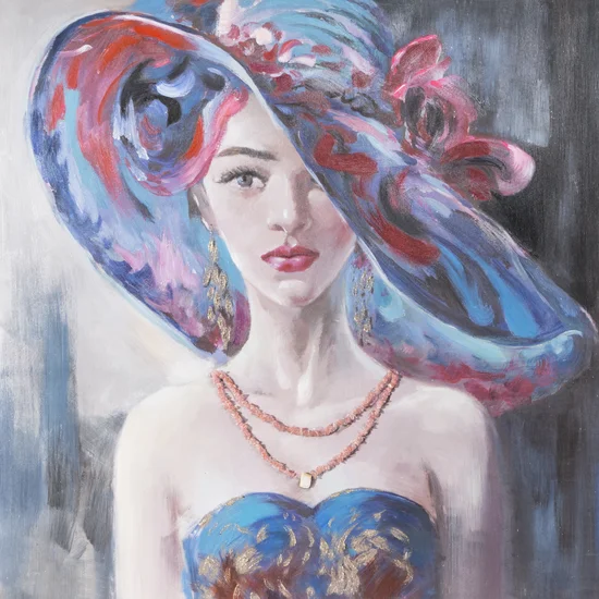 Obraz LADY ręcznie malowany na płótnie - 90 x 90 cm - ciemnoniebieski