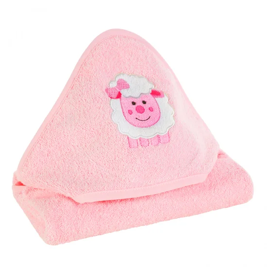 Ręcznik BABY z kapturkiem i naszywaną aplikacją z barankiem - 75 x 75 cm - różowy