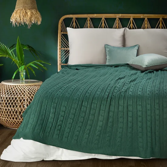 EUROFIRANY PREMIUM Koc AKRYL 2 miękki pled z dzianiny z warkoczami - 130 x 170 cm - ciemnozielony