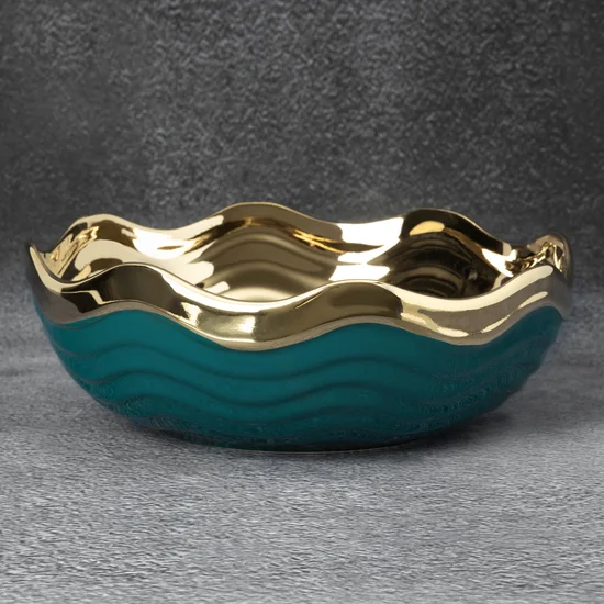 Misa ceramiczna o falującym kształcie turkusowo-złota - ∅ 24 x 24 cm - turkusowy