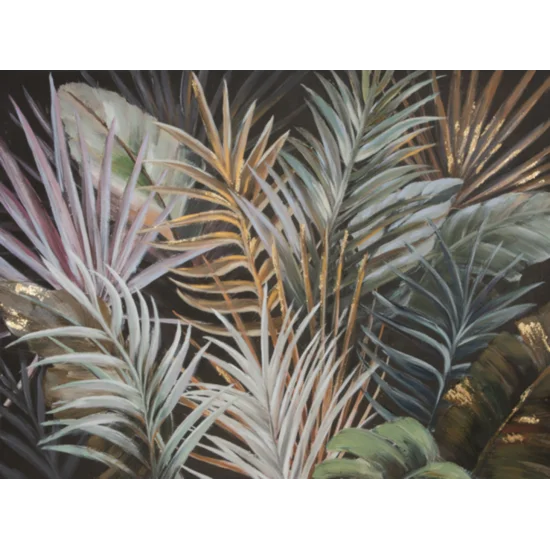 Obraz JUNGLE ręcznie malowany na płótnie egzotyczne liście ze złocistymi akcentami - 120 x 90 cm - zielony