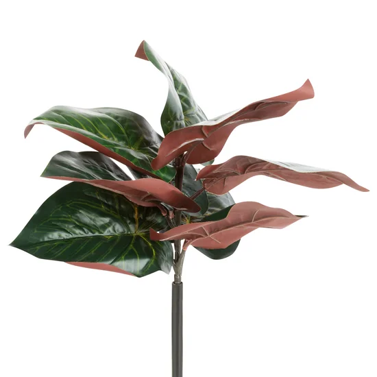 Gałązka o ozdobnych zielono-bordowych liściach, kwiat sztuczny dekoracyjny - 43 cm - zielony