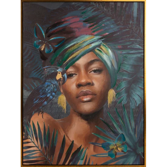 Obraz BELLE 2 portret kobiety ręcznie malowany na płótnie w złotej ramce - 60 x 80 cm - ciemnoturkusowy