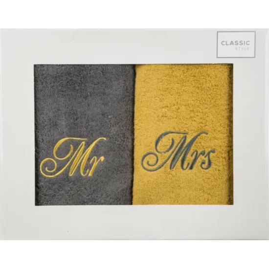 Komplet ręczników z haftem Mrs&Mr w kartonowym opakowaniu - 47 x 37 x 7 cm - stalowy