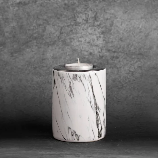 Świecznik ceramiczny SANA  z marmurkowym wzorem - ∅ 8 x 10 cm - biały