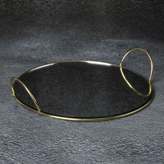Taca dekoracyjna RING z lustrzanym blatem i metalowymi rączkami w stylu art deco - 27 x 25 x 5 cm - złoty