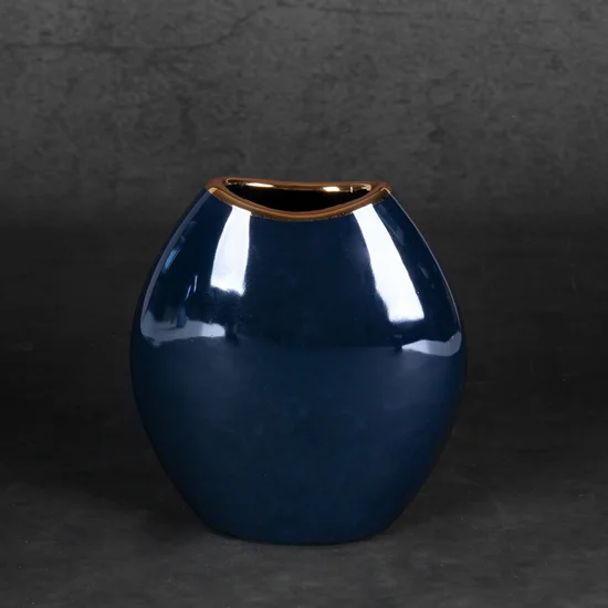 Wazon ceramiczny AMORA 1 o lśniącej powierzchni ze złotym detalem - 14 x 7 x 16 cm - granatowy
