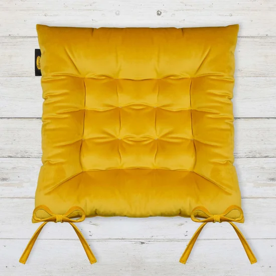 Dwustronna welwetowa poduszka siedziskowa na krzesło z szesnastoma pikowaniami, gramatura 260 g/m2 - 40 x 40 x 6 cm - musztardowy