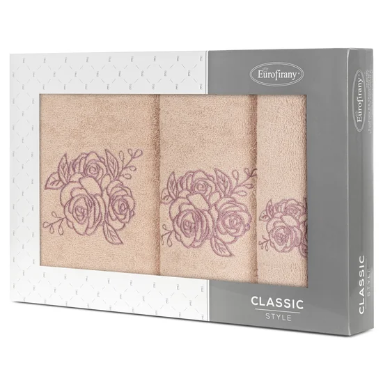 Zestaw upominkowy ROSALIA 3 szt ręczników z haftem z motywem róż w kartonowym opakowaniu na prezent - 56 x 36 x 7 cm - pudrowy róż