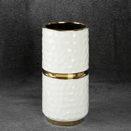 Wazon dekoracyjny ETNA z wytłaczanym wzorem i złotymi akcentami - ∅ 12 x 25 cm - biały