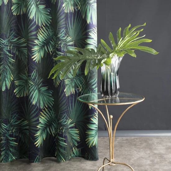 Zasłona z miękkiego welwetu z nadrukiem egzotycznych liści - 140 x 250 cm - zielony