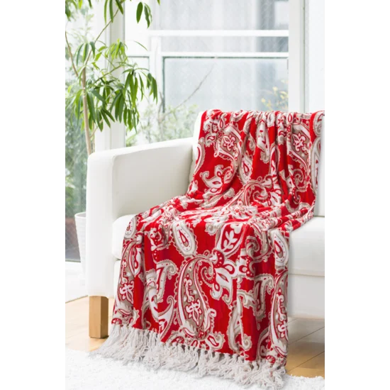 Koc  JANET miękki i miły w dotyku z motywem paisley i frędzlami - 150 x 200 cm - czerwony