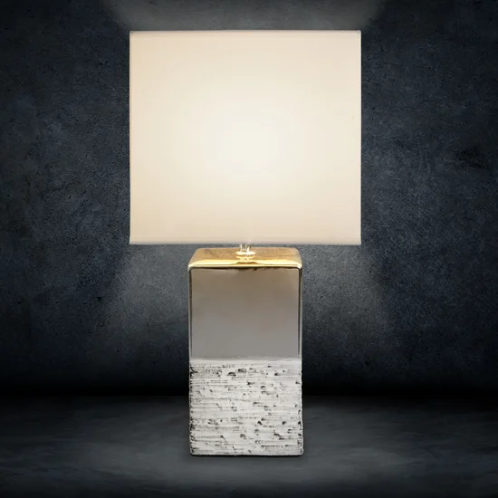 Lampka stołowa BRENDA na dwukolorowej ceramicznej podstawie z abażurem z matowej tkaniny - 25 x 18 x 50 cm - biały