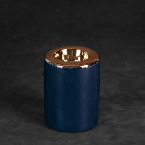 Świecznik ceramiczny AMORA 1 o lśniącej powierzchni ze złotym detalem - ∅ 8 x 10 cm - granatowy