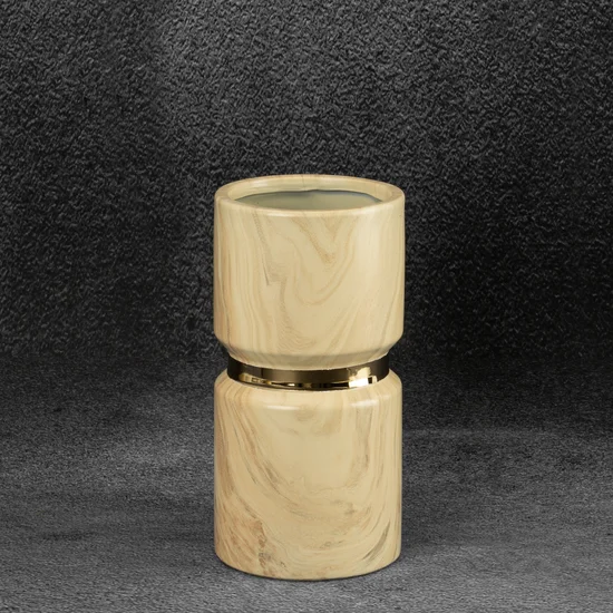 Wazon ceramiczny ALIZA o nowoczesnym kształcie i marmurowej strukturze ze złotą obręczą - ∅ 10 x 20 cm - beżowy
