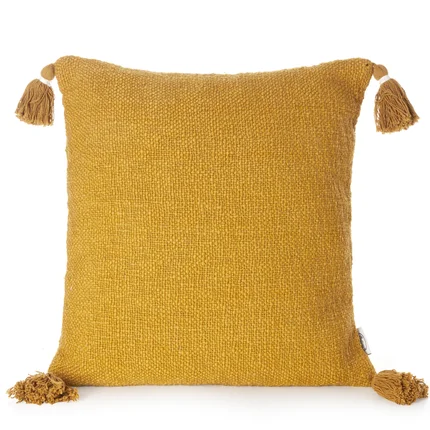 Poszewka KIMI w stylu boho z bawełnianej tkaniny o strukturalnym splocie z chwostami na rogach Poszewka KIMI w stylu boho z bawełnianej tkaniny o strukturalnym splocie z chwostami na rogach - 45 x 45 cm