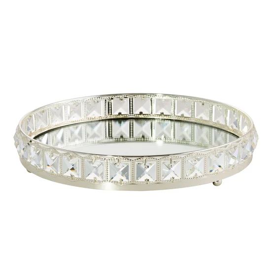 Okrągła taca dekoracyjna HANA 2 z lustrzanym blatem i metalowym obrzeżem z kryształami w stylu glamour - ∅ 32 x 6 cm - srebrny