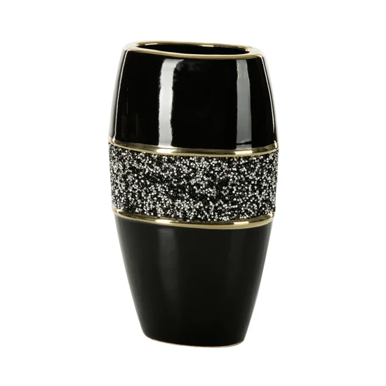 Wazon SHELLY w stylu glamour z drobnymi kryształkami i złoceniem - 16 x 11 x 29 cm - czarny