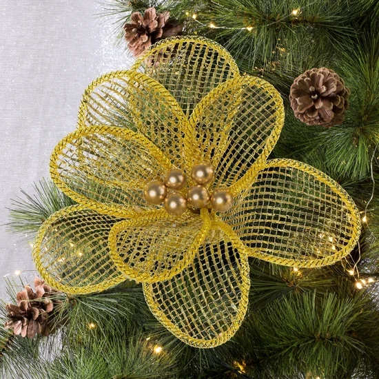 Kwiat świąteczny z ażurowej tkaniny z perełkami - ∅ 28 cm - złoty