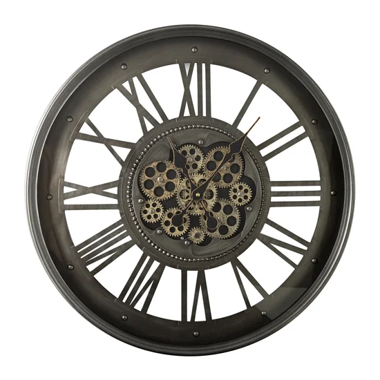 Duży dekoracyjny zegar ścienny z rzymskimi cyframi i ruchomymi kołami zębatymi w stylu industrialnym,60 cm średnicy - 60 x 7 x 60 cm - stalowy