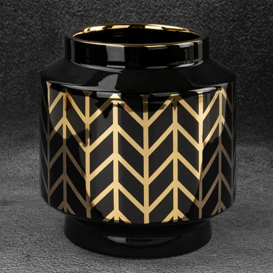 Wazon ceramiczny z geometrycznym wzorem czarno-złoty - ∅ 18 x 19 cm - czarny