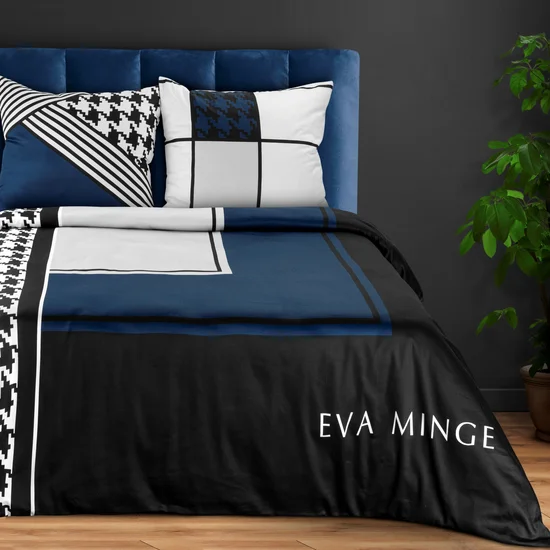 EVA MINGE Komplet pościeli EVA 08 z najwyższej jakości makosatyny bawełnianej z designerskim nadrukiem łączący elegancką pepitę z wzorem geometrycznym - 220 x 200 cm - niebieski