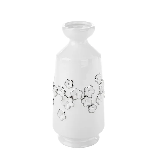 Wazon dekroacyjny BLANKA z dolomitu z aplikacją z kwiatów i kryształków - 11 x 11 x 24.5 cm - biały