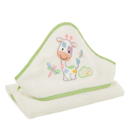 Ręcznik BABY z kapturkiem i naszywaną aplikacją z kolorową krówką - 75 x 75 cm - biały