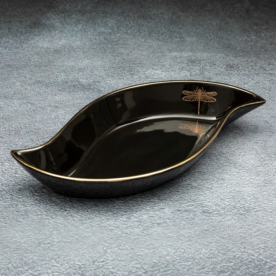 Patera ceramiczna z nadrukiem złotej ważki - 36 x 18 x 5 cm - czarny
