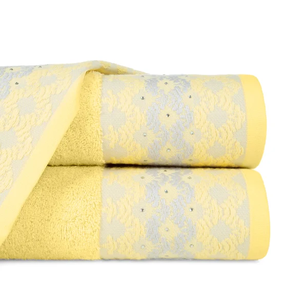 Ręcznik z ozdobną bordiurą z dodatkiem cyrkonii - 50 x 90 cm - żółty
