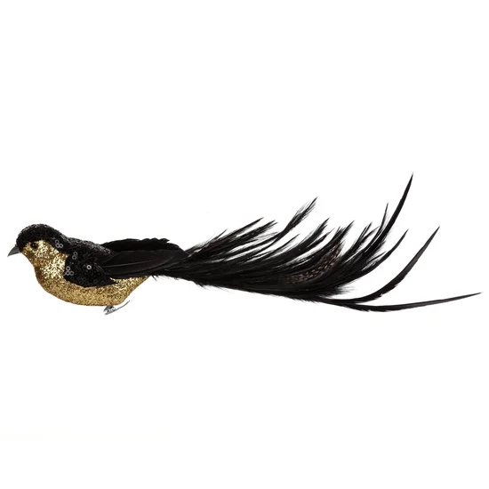 Ozdoba choinkowa ptak z piórami w całości pokryty lśniącym brokatem - 29 x 7 x 7 cm - czarny