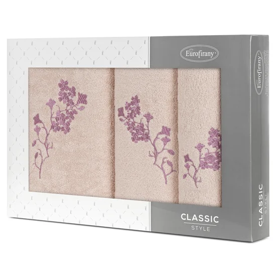 Zestaw upominkowy BLOSSOM 3 szt ręczników z haftem z motywem kwiatowym w kartonowym opakowaniu na prezent - 56 x 36 x 7 cm - pudrowy róż