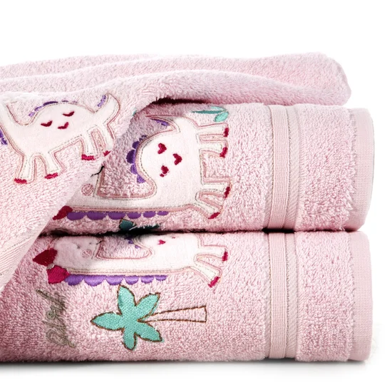 Ręcznik BABY z haftowaną aplikacją z dinozaurem - 50 x 90 cm - różowy