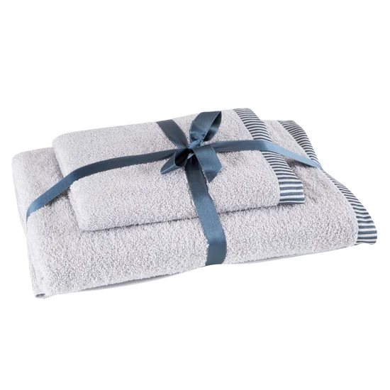 Komplet 2 szt ręczników KOS z  ozdobną żakardową bordiurą w paseczki - 36 x 25 x 12 cm - srebrny